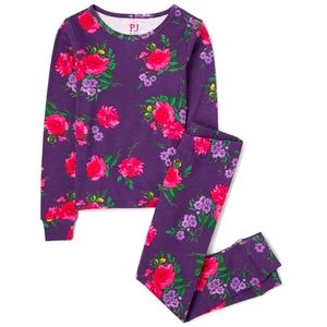 Girls Floral Snug Fit Cotton Pajamas - Cyber Grape